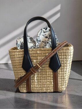 Tory Burch Straw Mini Tote Basket Bag w/ Printed Scarf Navy Leather Handles